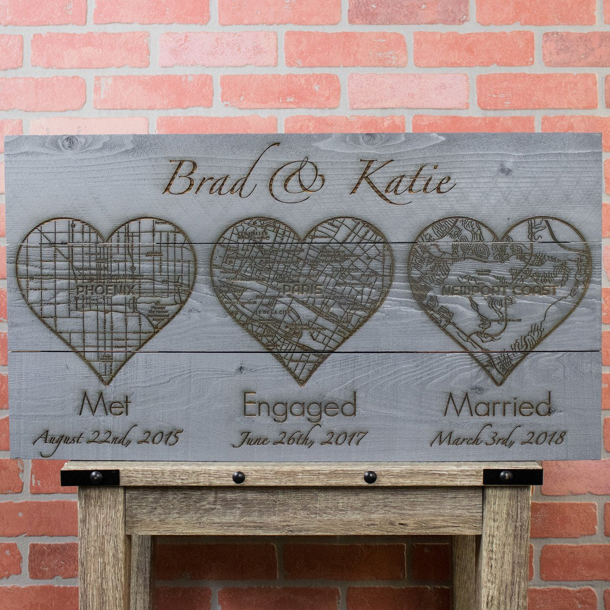 Personalized Wood Wall Art 30x16 Gray Met Engaged Married - Design: 3H