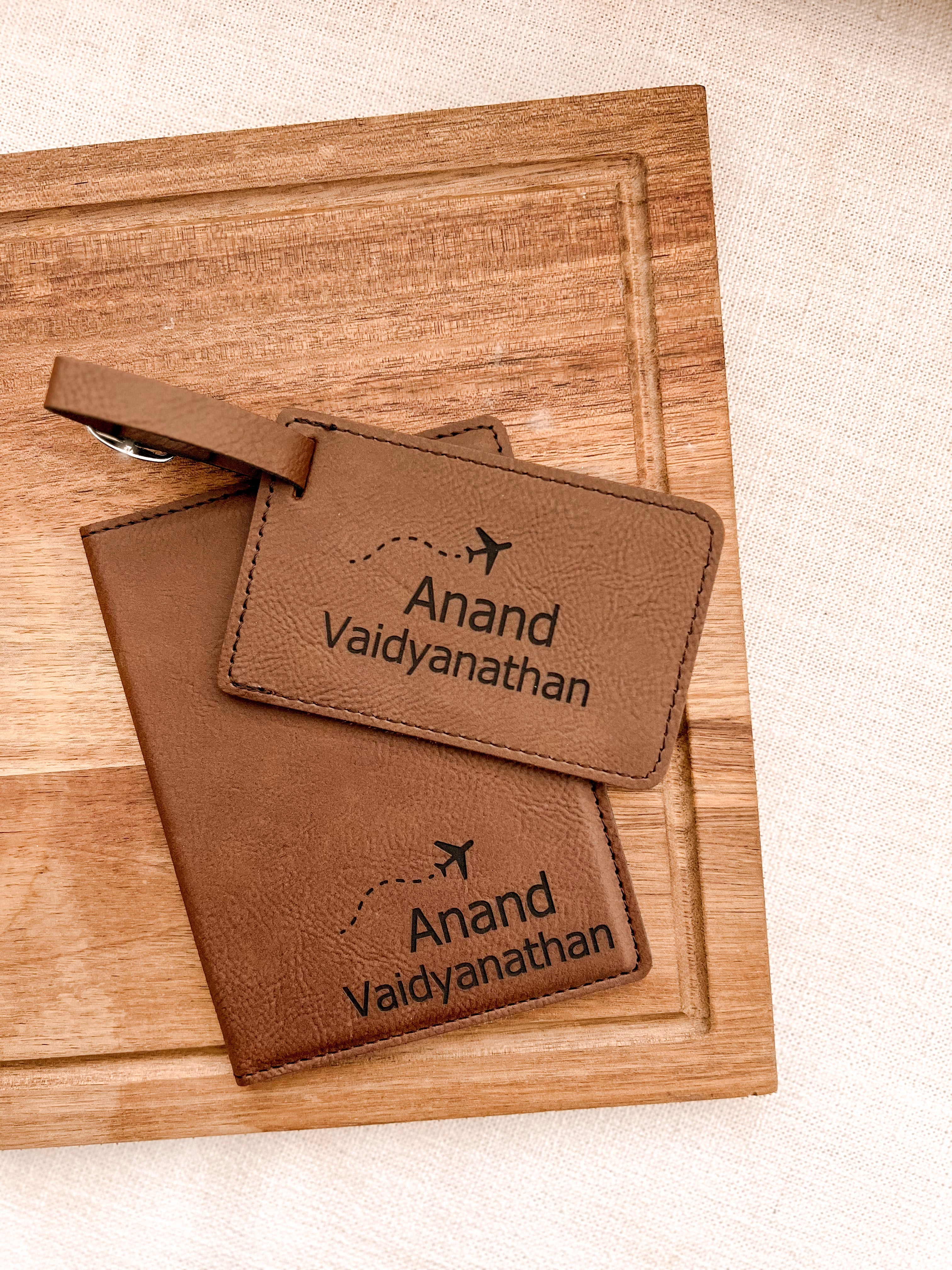 Brown Leatherette Passport & Luggage Tag Set
