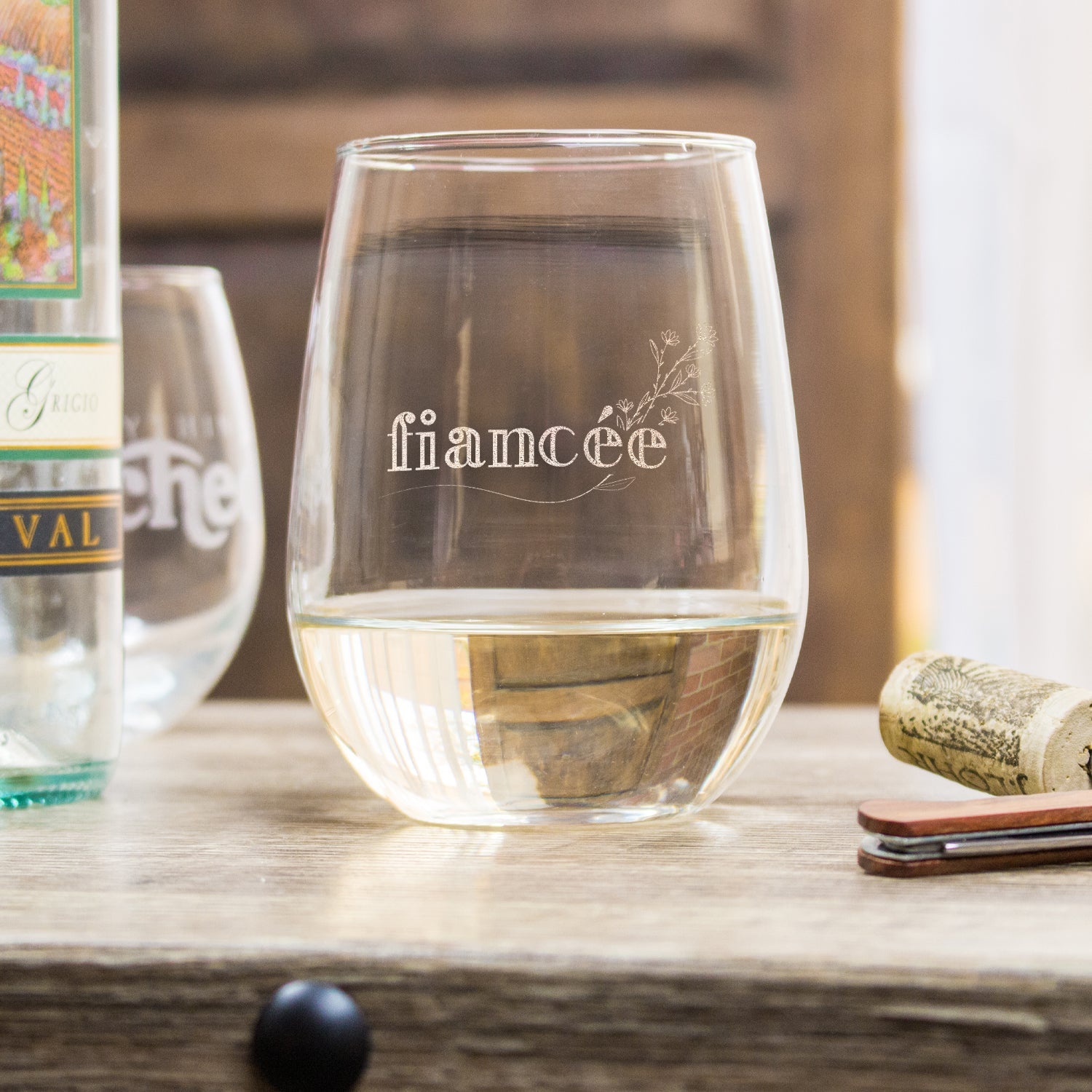Etched Stemless White Wine Glasses - Design: FIANCEE