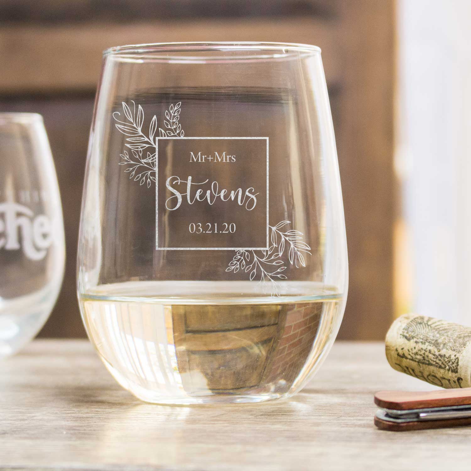 Etched Stemless White Wine Glasses Personalized - Design: L5