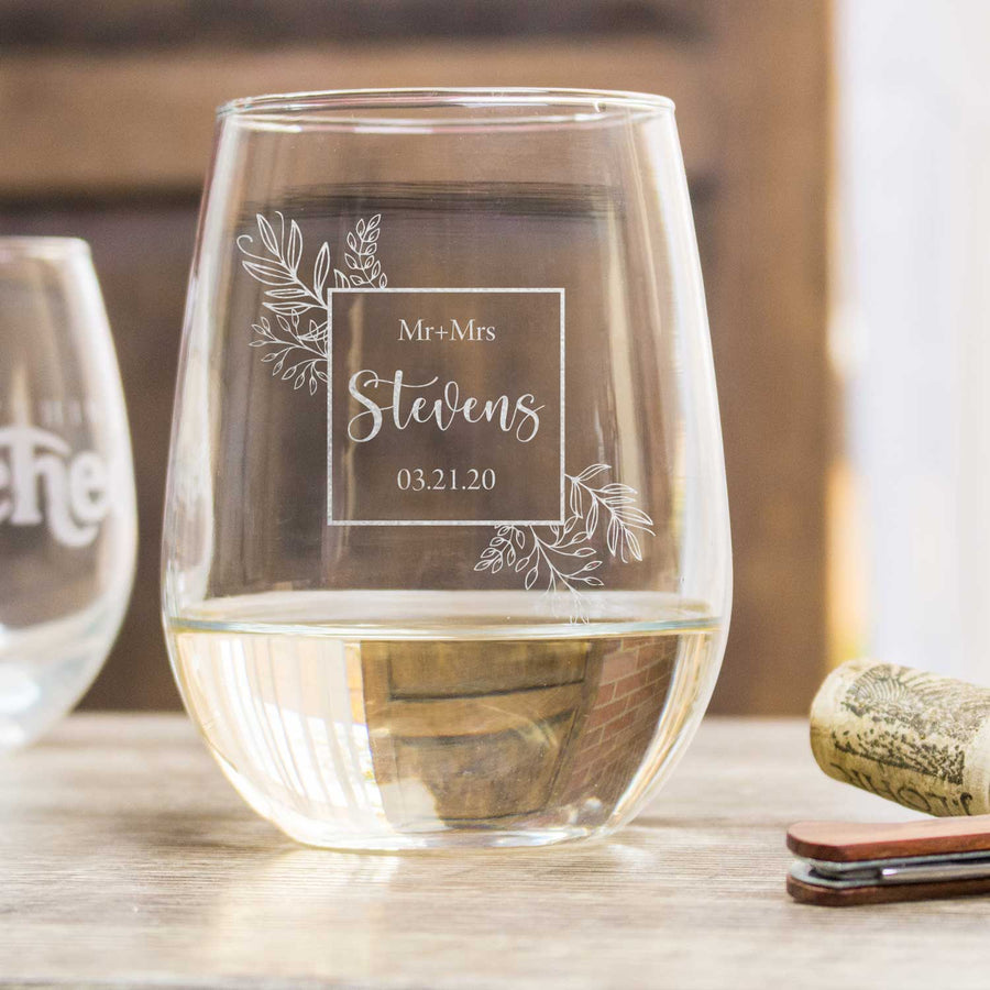 Etched Stemless White Wine Glasses Personalized - Design: L5