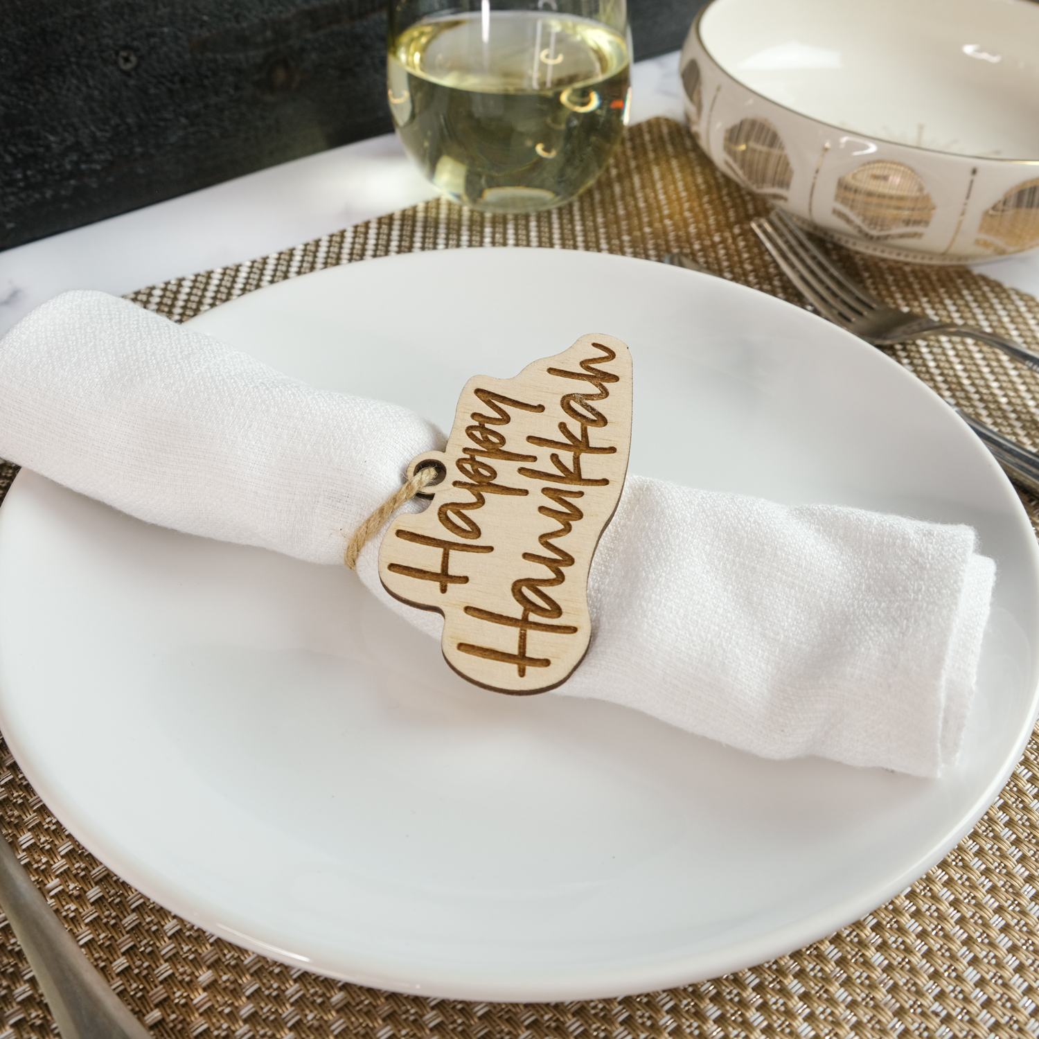 Engraved Hanukkah Napkin Ties Set Happy Hanukkah - Design: NT7NA
