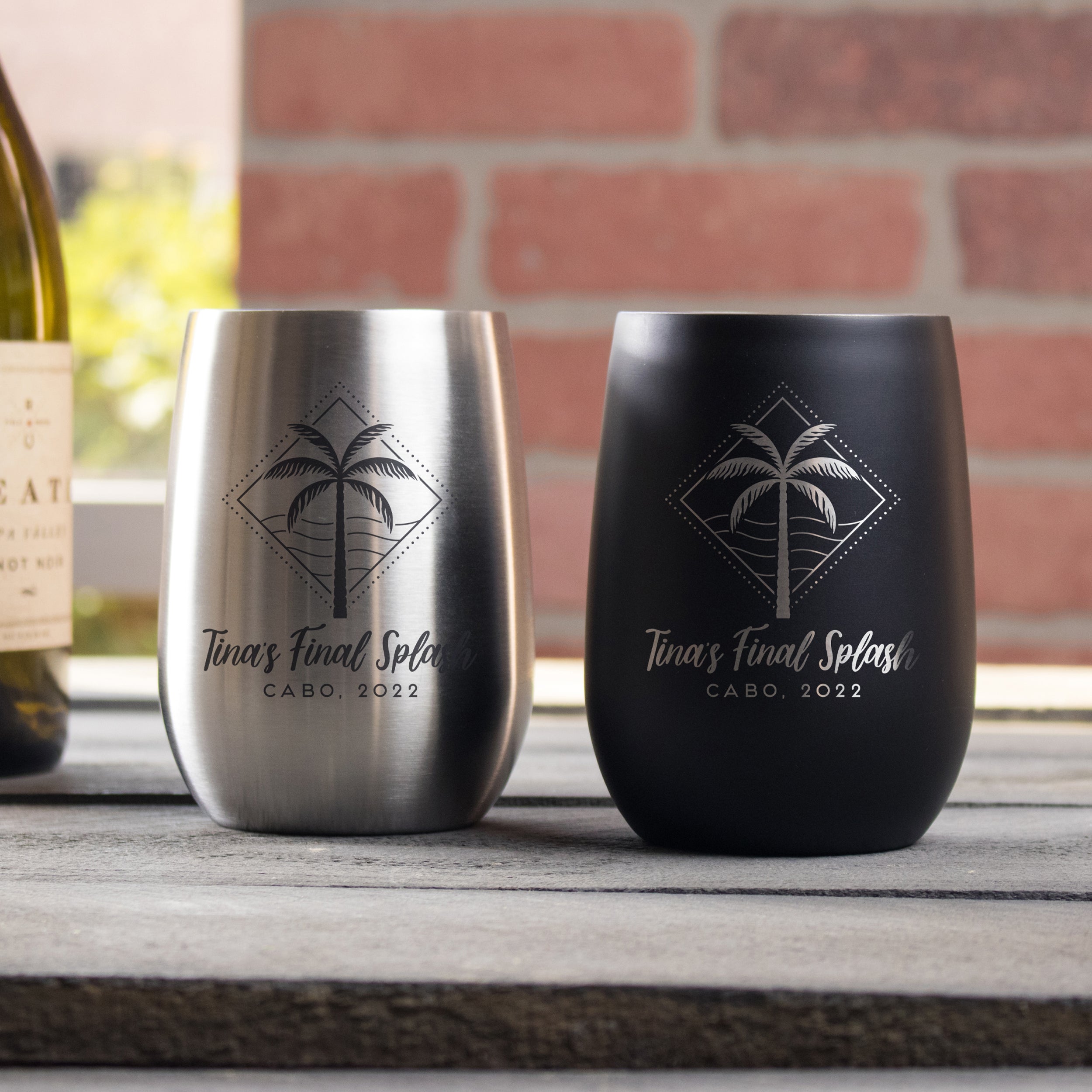 Family Vacation Palm Tree Personalized Wine Tumblers, Design: OD2