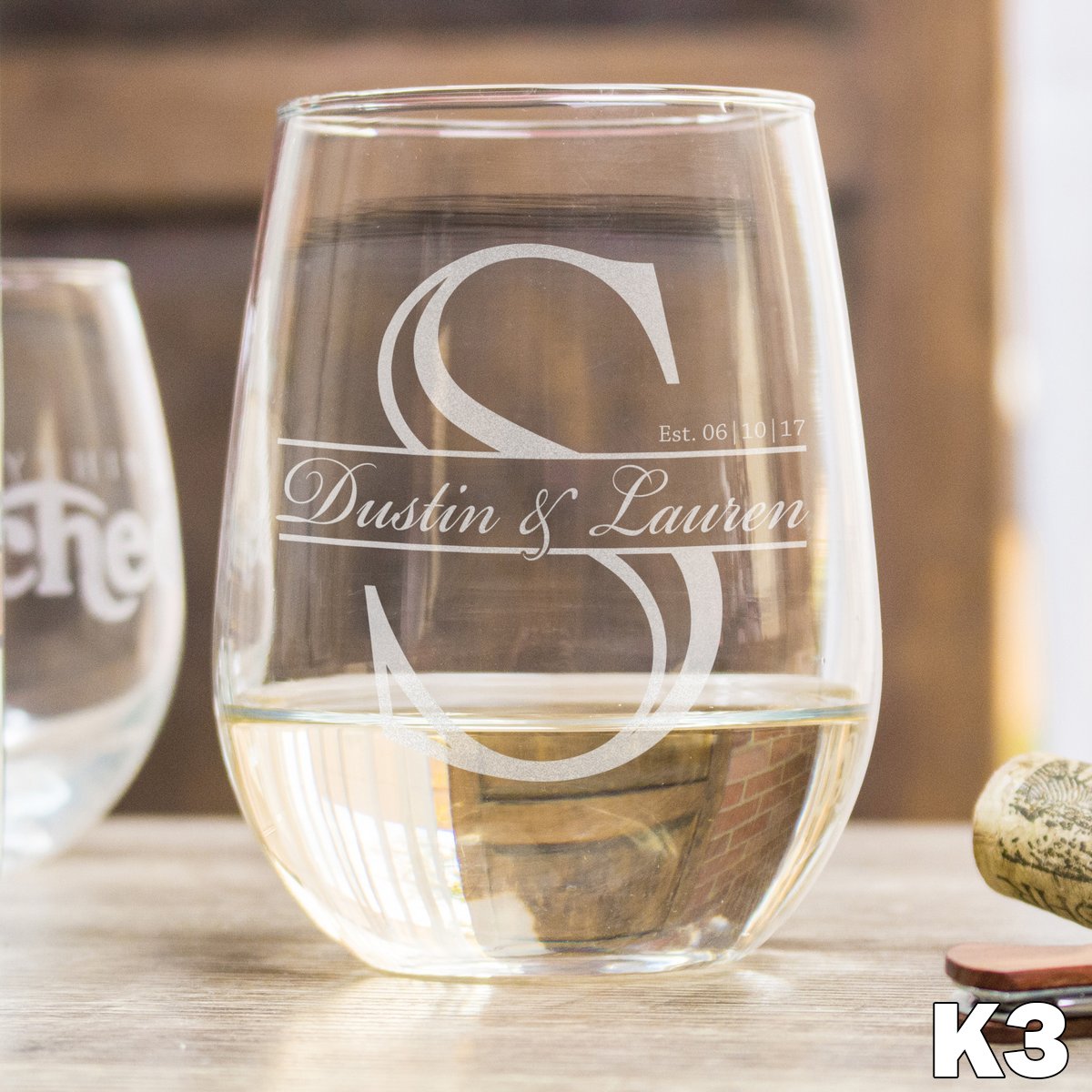 Etched Stemless White Wine Glasses Monogram - Design: K3