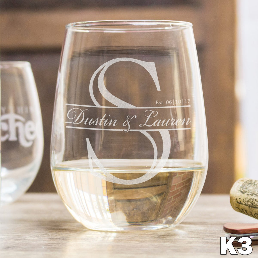 Etched Stemless White Wine Glasses Monogram - Design: K3