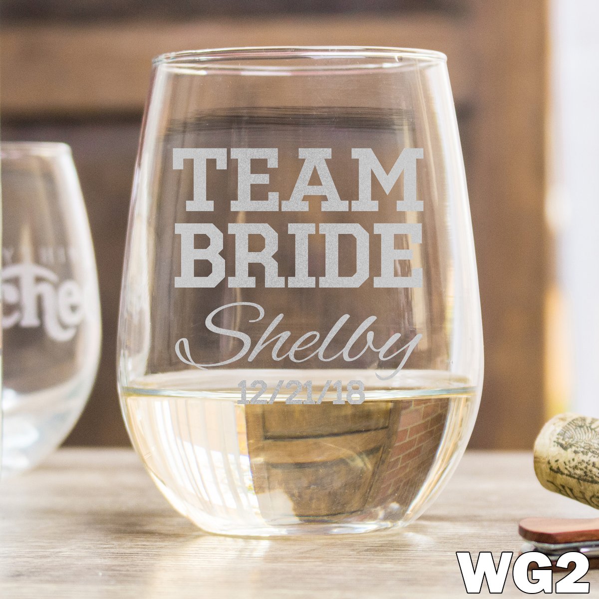 Etched Stemless White Wine Glasses Team Bride - Design: WG2