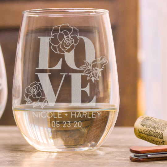 Etched Stemless White Wine Glasses Love - Design: N4