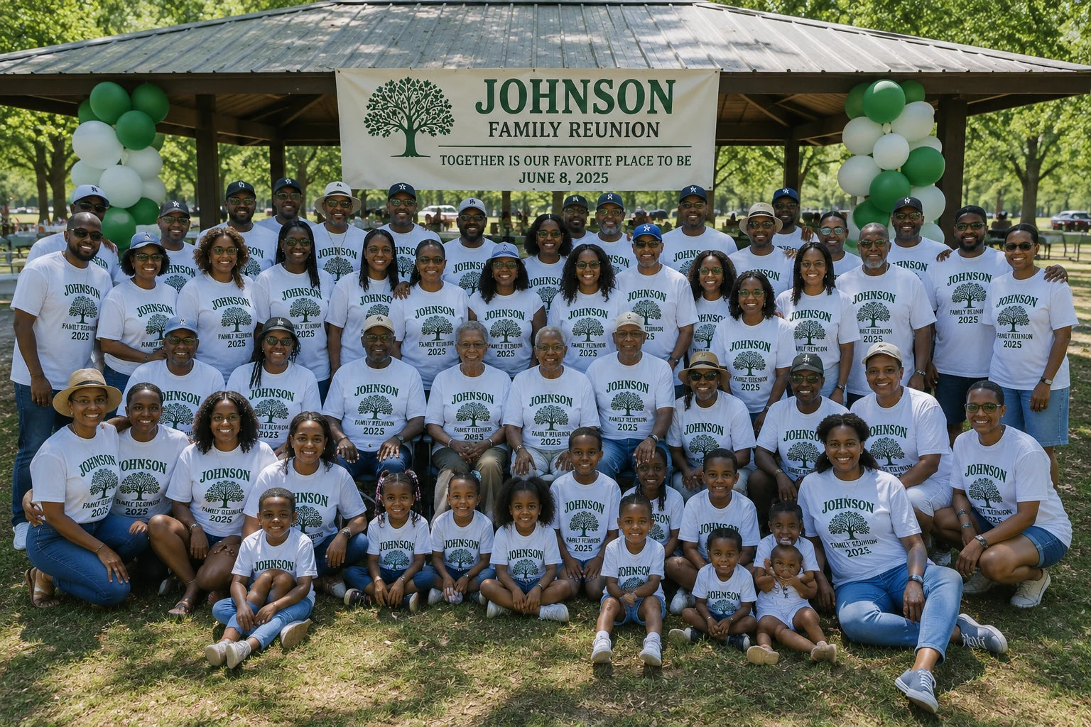 A large family reunion group of adults, children, and infants wearing matching custom shirts