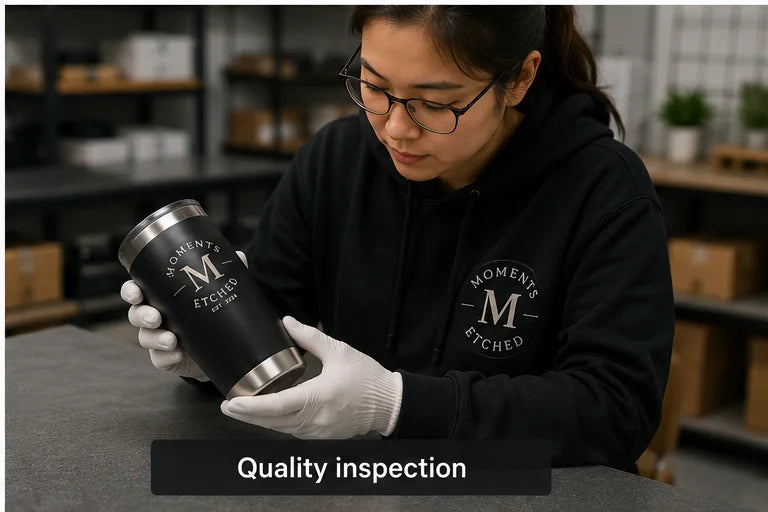 A personalized item receiving a quality inspection