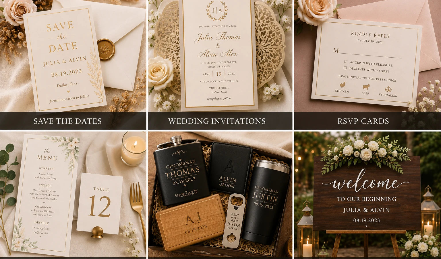 Elegant coordinated wedding stationery, gifts, and décor