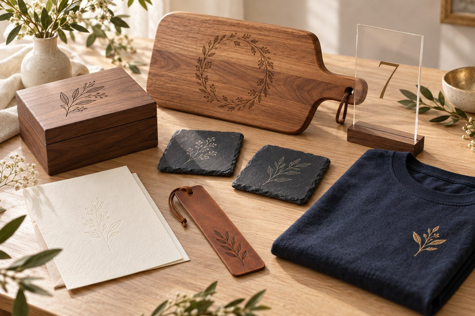 Illustrative collection of engraved wooden keepsakes, slate coasters, an acrylic table number, stationery, a leather bookmark, and personalized apparel.